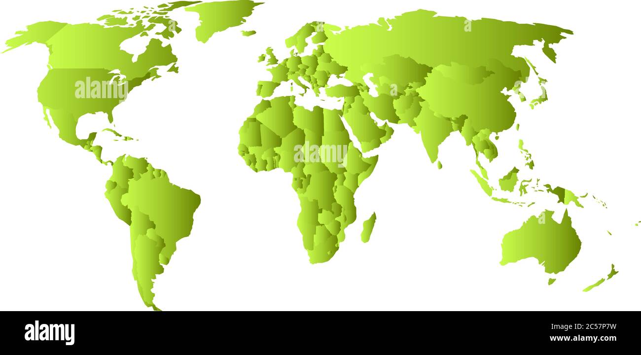 Grüne politische Landkarte der Welt. Jeder Zustand mit eigenem horizontalen Gradienten. Vektorgrafik. Stock Vektor