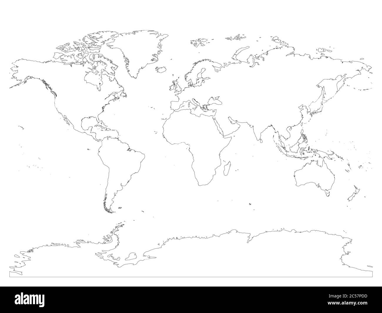 Hohe detaillierte Darstellung der Weltkarte mit Antarktis. Einfache dünne schwarze Vektorgrafiken auf weißem Hintergrund. Stock Vektor