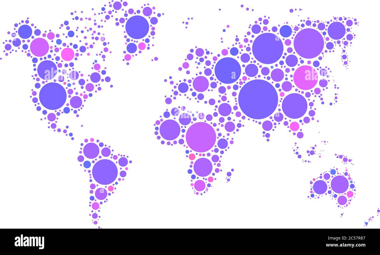 Weltkarte Mosaik von violetten Punkten in verschiedenen Größen und Schattierungen auf weißem Hintergrund. Vektorgrafik. Stock Vektor