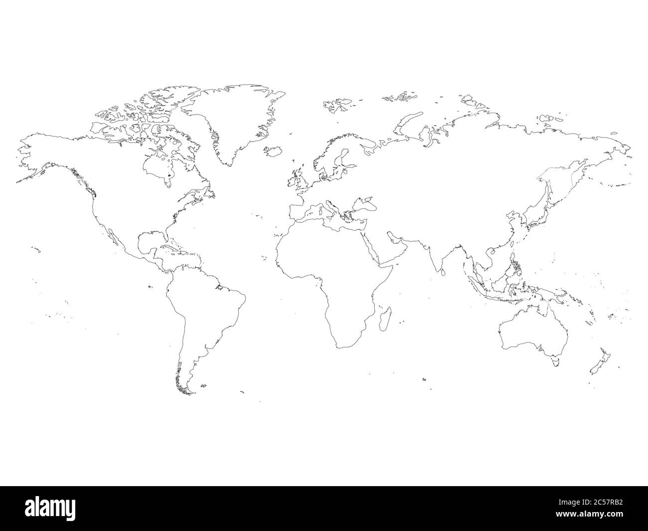 Detaillierte Darstellung der Weltkarte. Einfache dünne schwarze Vektorgrafiken auf weißem Hintergrund. Stock Vektor