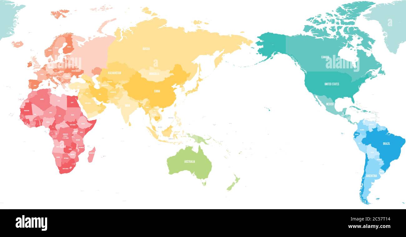 Bunte politische Karte der Welt in sechs Kontinente aufgeteilt und konzentriert sich auf Asien, Australien und Ozeanien Region. Leere Vektorkarte in Regenbogenfarben. Stock Vektor