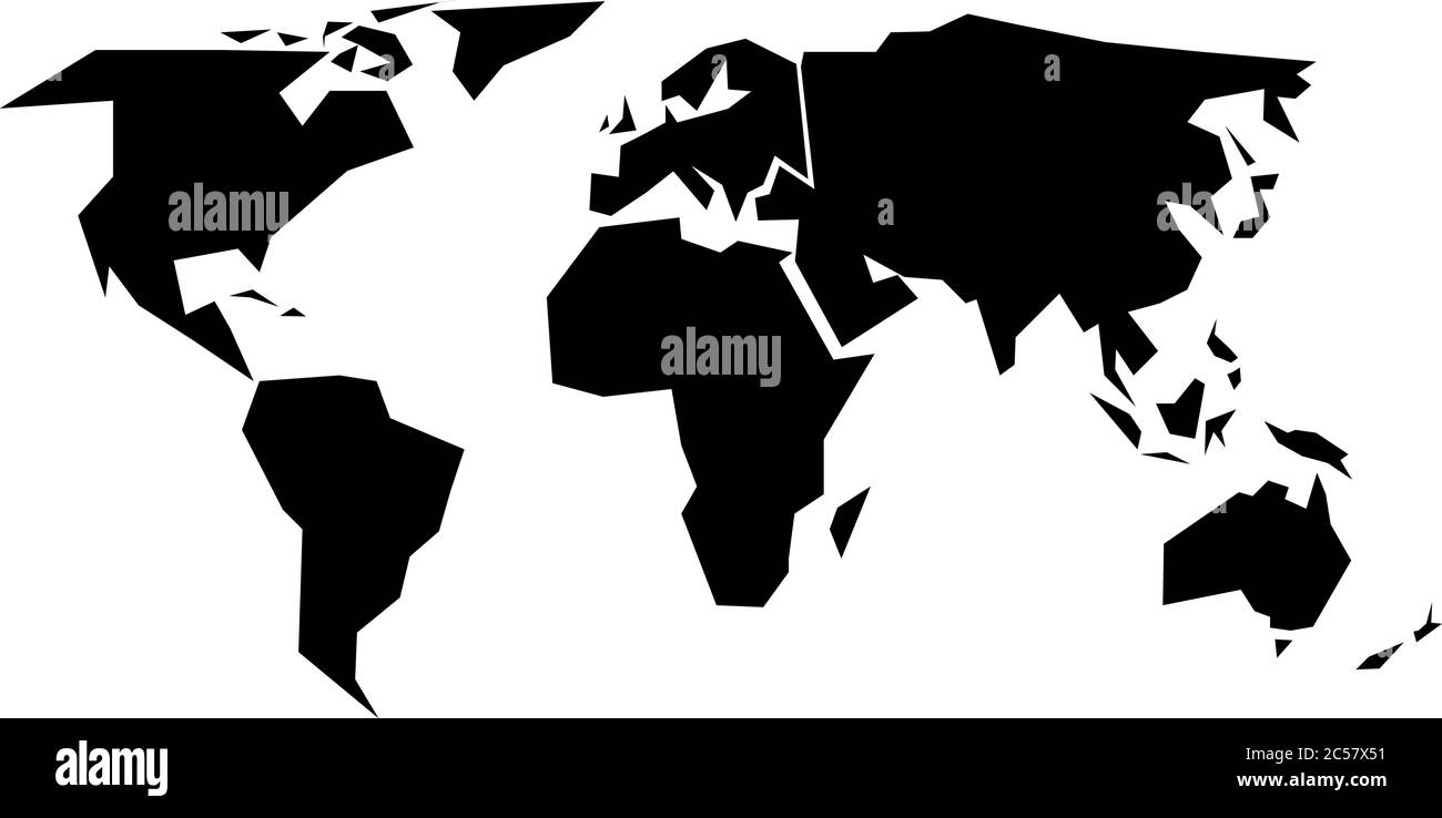 Weltkarte Silhouette - vereinfachte schwarze Vektor-Form in sechs Kontinenten unterteilt - Südamerika, Nordamerika, Europa, Afrika, Asien und Australien Stock Vektor
