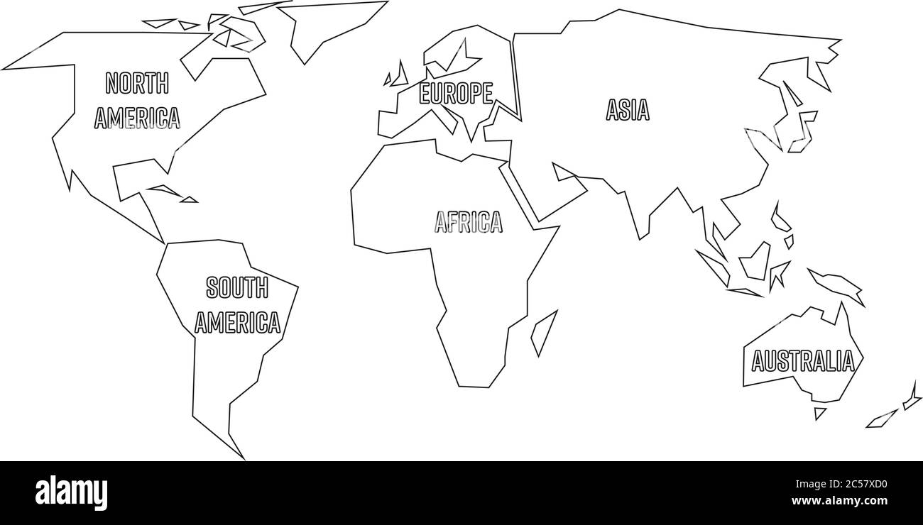 Vereinfachte schwarze Umrisse der Weltkarte, die auf sechs Kontinente mit Beschriftungen aufgeteilt ist. Einfache flache Vektorgrafik auf weißem Hintergrund. Stock Vektor