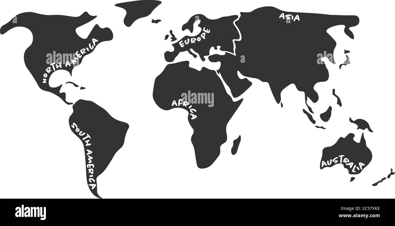 Weltkarte in sechs Kontinente in dunkelgrau unterteilt - Nordamerika, Südamerika, Afrika, Europa, Asien und Australien Ozeanien. Vereinfachte Silhouette Vektorkarte mit Kontinent Namen Etiketten gekrümmt durch Grenzen. Stock Vektor