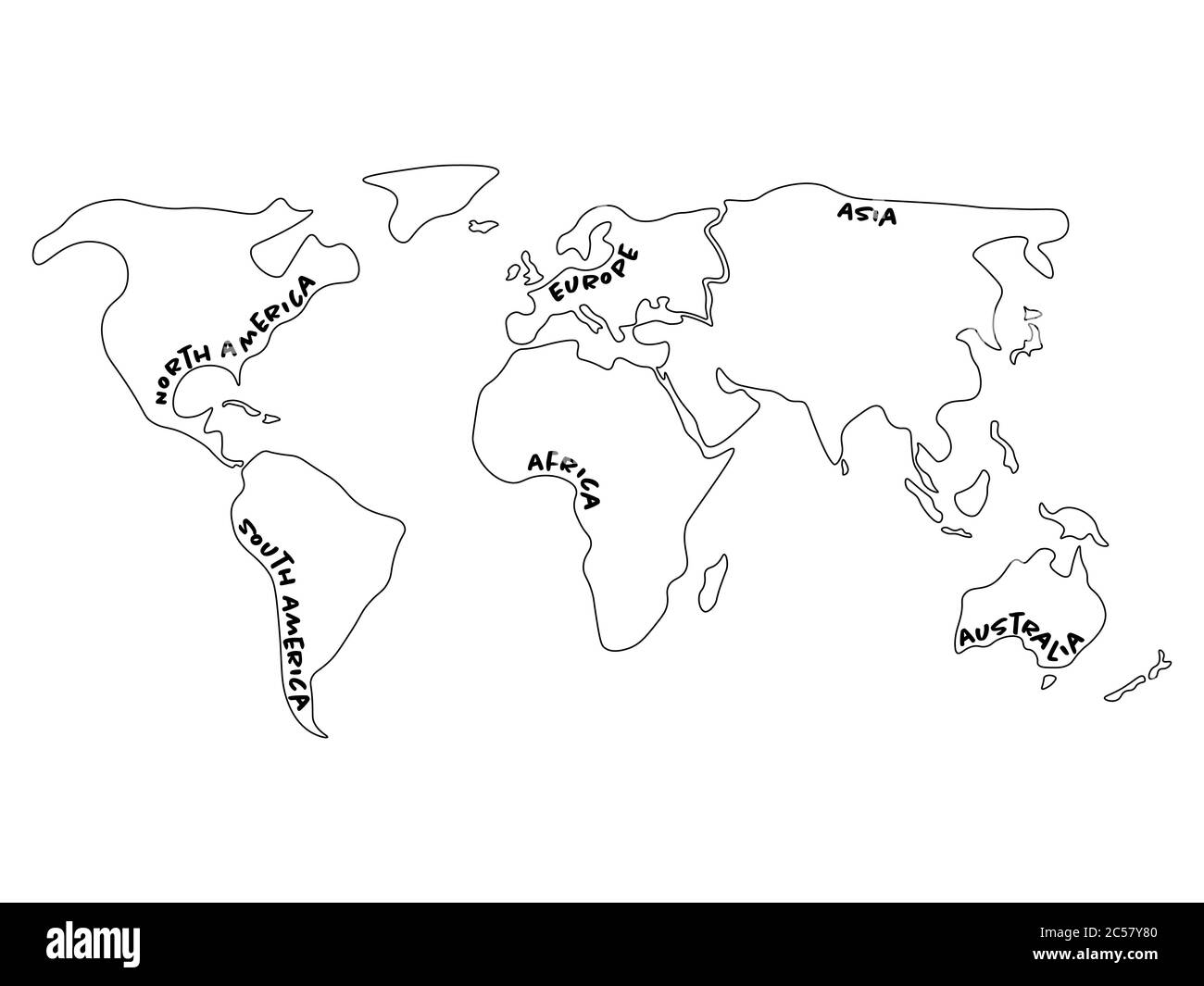 Weltkarte unterteilt in sechs Kontinente - Nordamerika, Südamerika, Afrika, Europa, Asien und Australien Ozeanien. Vereinfachte Vektorkarte mit durch Rahmen gekrümmten Bezeichnungen für Kontinente. Stock Vektor