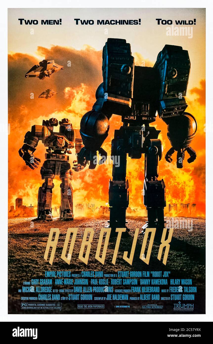 Robot Jox (1989) Regie: Stuart Gordon mit Gary Graham, Anne-Marie Johnson, Paul Koslo und Michael Alldredge. Nach einem verheerenden Atomkrieg werden in einem Kampf zwischen riesigen Robotern, die von Robotern an Bord oder jox gesteuert werden, zukünftige Konflikte bestimmt. Stockfoto