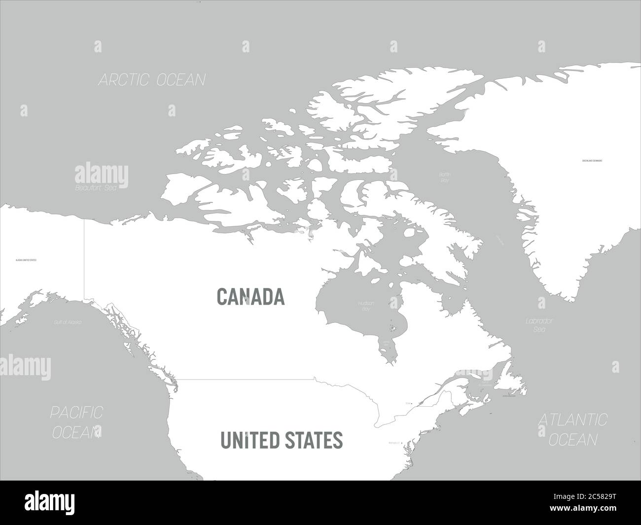 Kanada Karte - weiße Länder und graues Wasser. Hoch detaillierte politische Karte Kanada und Nachbarländer mit Land, Hauptstadt, Meer und Meer Namen Kennzeichnung. Stock Vektor