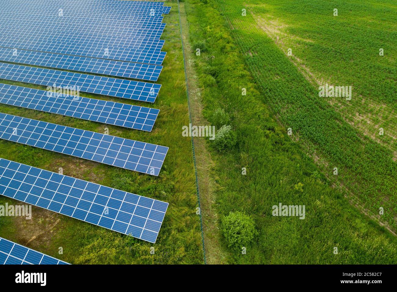 Solarkraftwerk Draufsicht. Sonnenlicht ist wichtig für die grüne Industrie. Stockfoto
