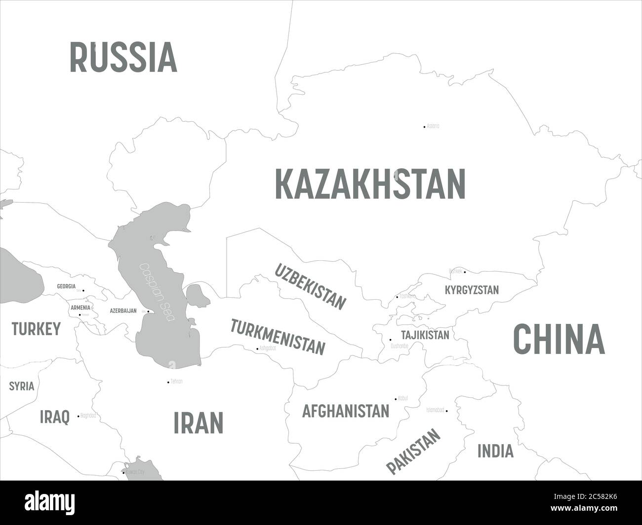 Zentralasienkarte - Weisse Länder und graues Wasser. Hoch detaillierte politische Karte der zentralasiatischen Region mit Land, Hauptstadt, Meer und Meer Namen Kennzeichnung. Stock Vektor