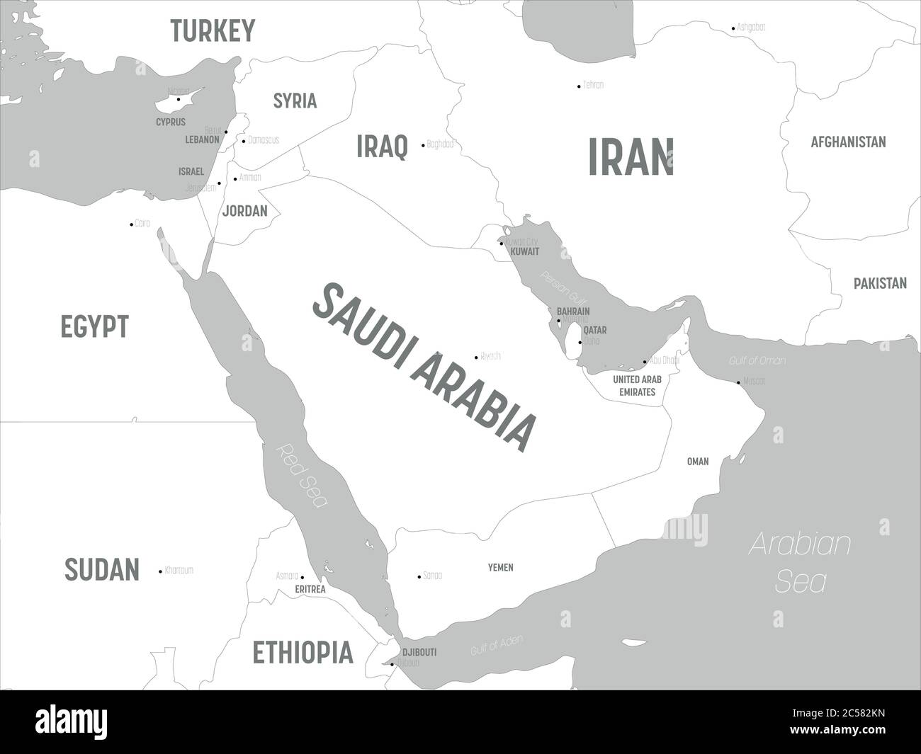 Karte des Nahen Ostens - weiße Länder und graues Wasser. Detaillierte politische Karte des Nahen Ostens und der arabischen Halbinsel mit Land, Hauptstadt, Meer und Meer Namen Kennzeichnung. Stock Vektor