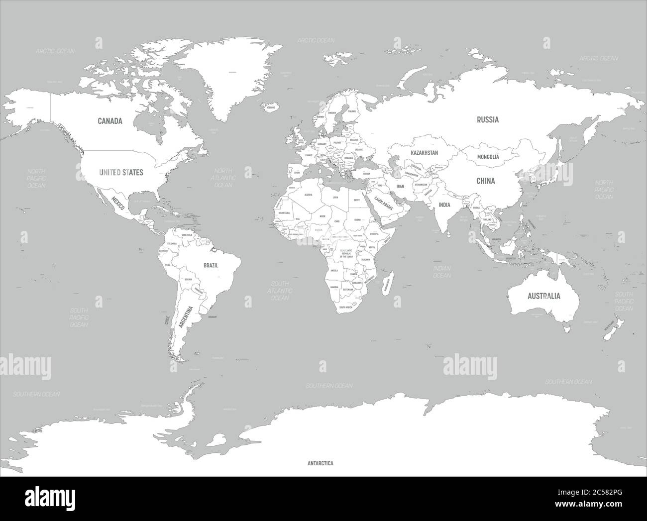Weltkarte Weisse Lander Und Graues Wasser Hoch Detaillierte Politische Karte Der Welt Mit Land Hauptstadt Meer Und Meer Namen Kennzeichnung Stock Vektorgrafik Alamy