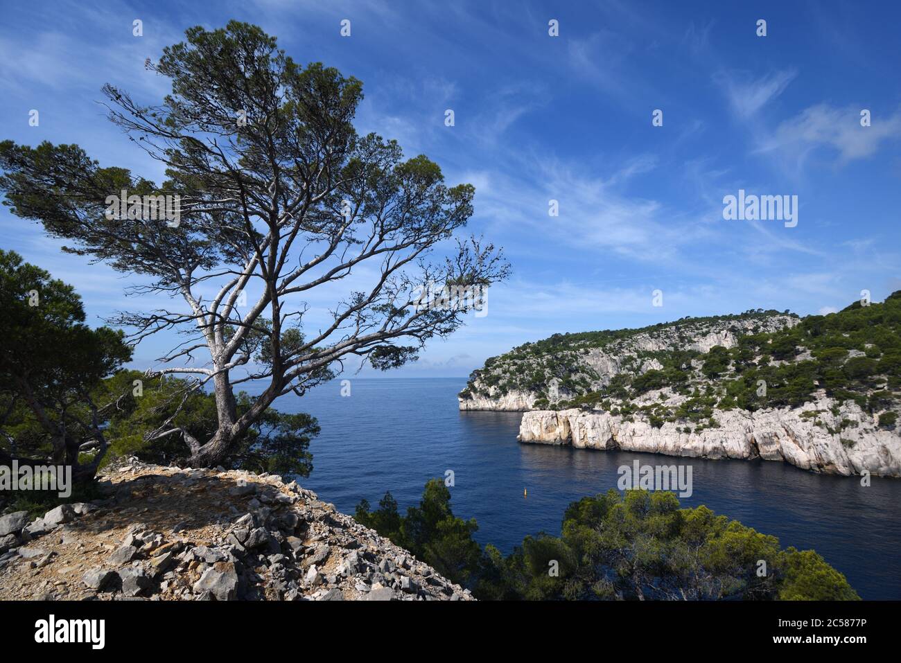 Pointe d'en-Vau Headland mit Calanque d'en-Vau & Calanque de Port Pin Calanques Nationalpark & Mittelmeerküste Calanques Nationalpark Provence Stockfoto