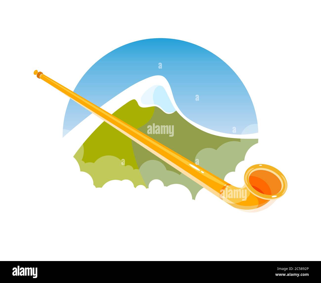 Alphorn auf den Alpen - Vector Banner für Folklore-Musikfestival in den Alpen. Illustration des Alpenhorns, schweizer Nationalmusikinstrument auf Backg Stock Vektor