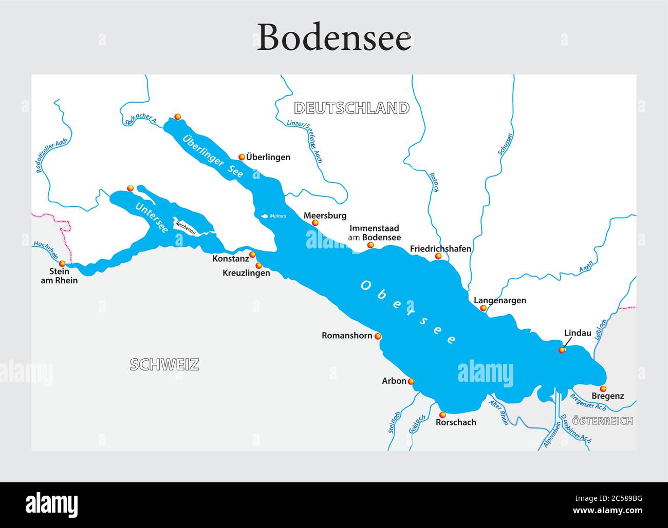 Kleine Übersichtskarte des Bodensees in deutscher Sprache Stock Vektor