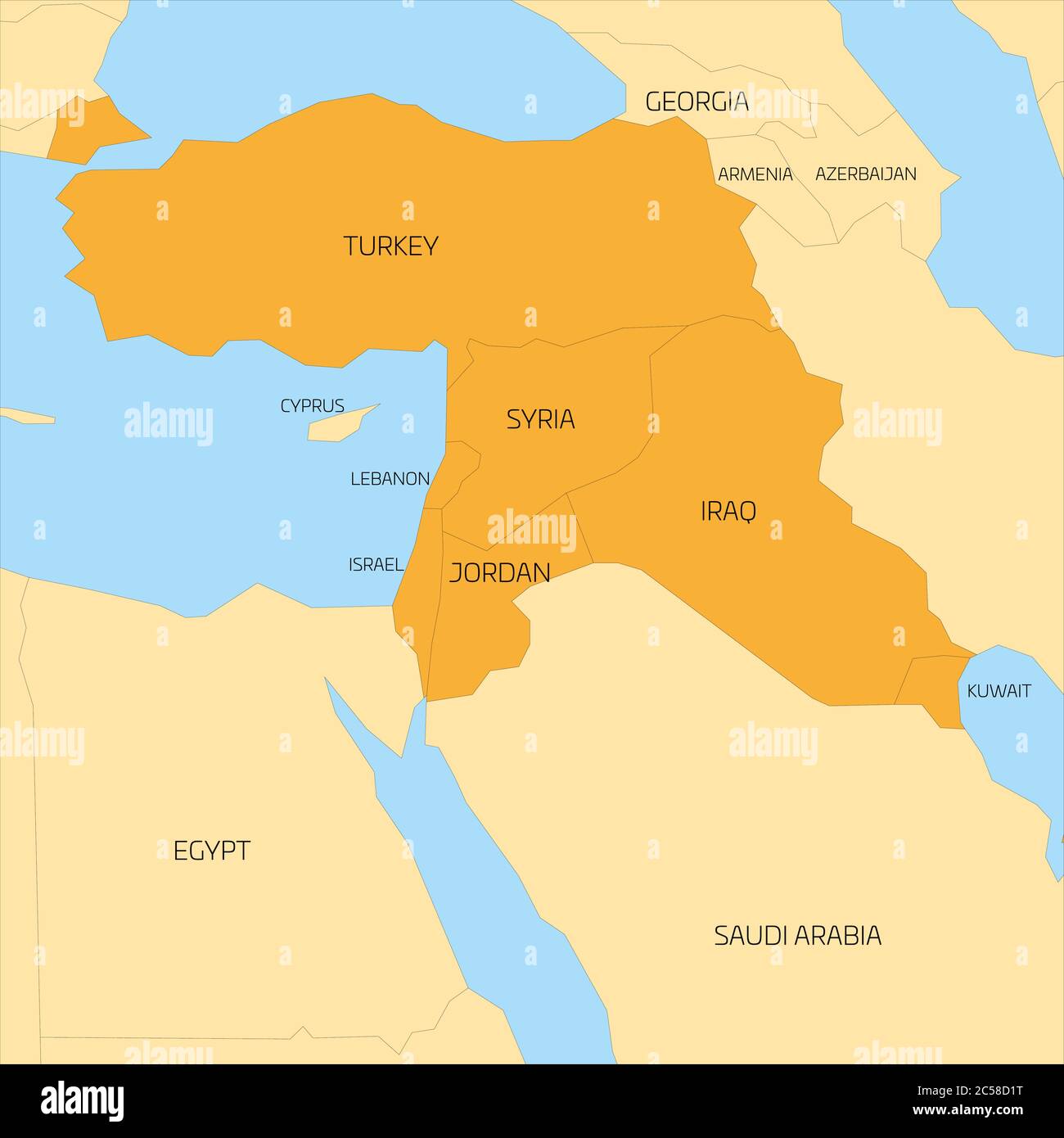 Karte der transkontinentalen Region Naher Osten oder Naher Osten mit orangefarbenen Hervorhebung der Türkei, Syrien, Irak, Jordanien, Libanon und Israel. Flache Karte mit gelbem Land, dünnen schwarzen Grenzen und blauem Meer. Stock Vektor