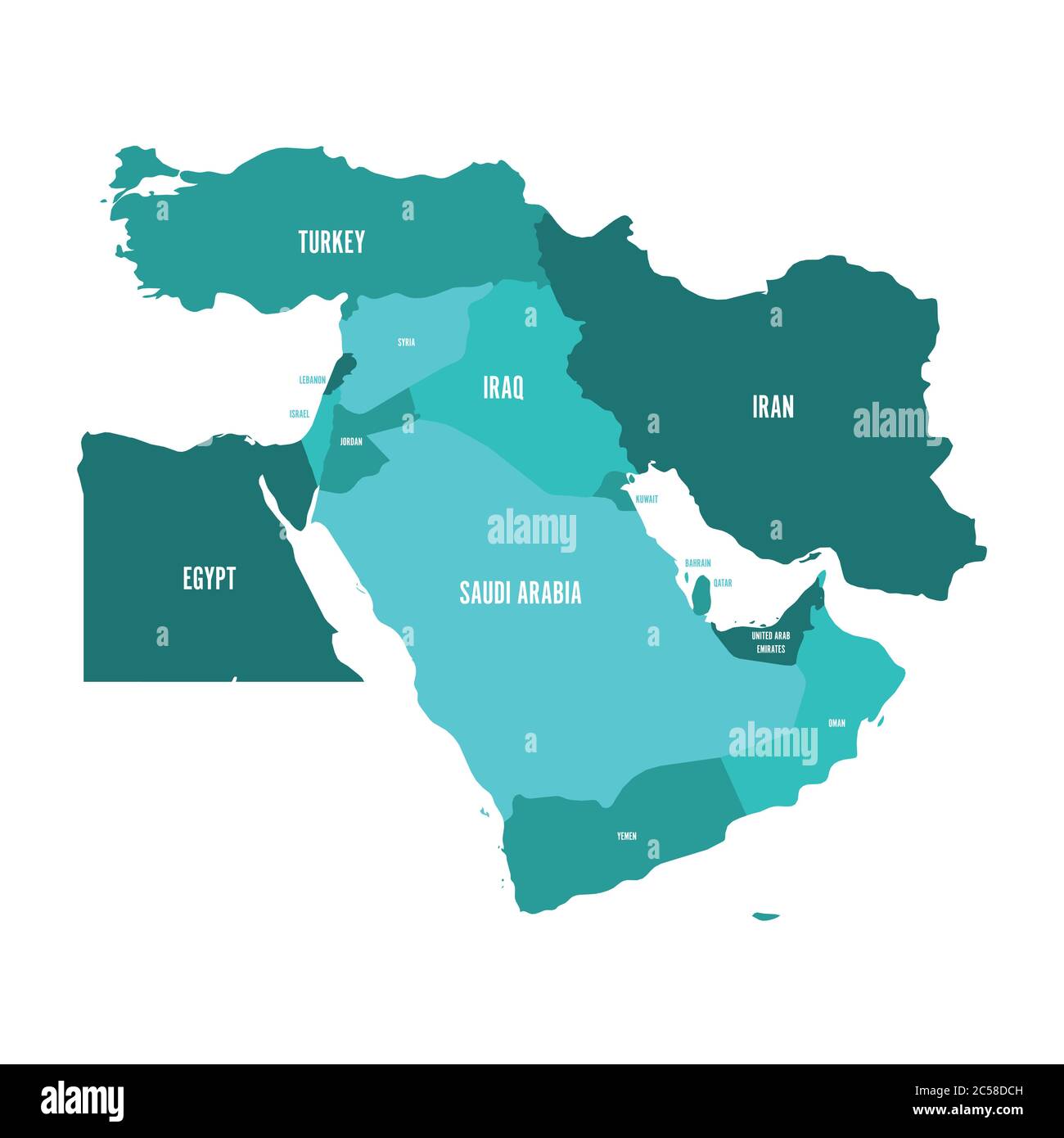 Karte des Nahen Ostens oder des Nahen Ostens in türkisblauen Farbtönen. Einfache flache Vektorilustration. Stock Vektor