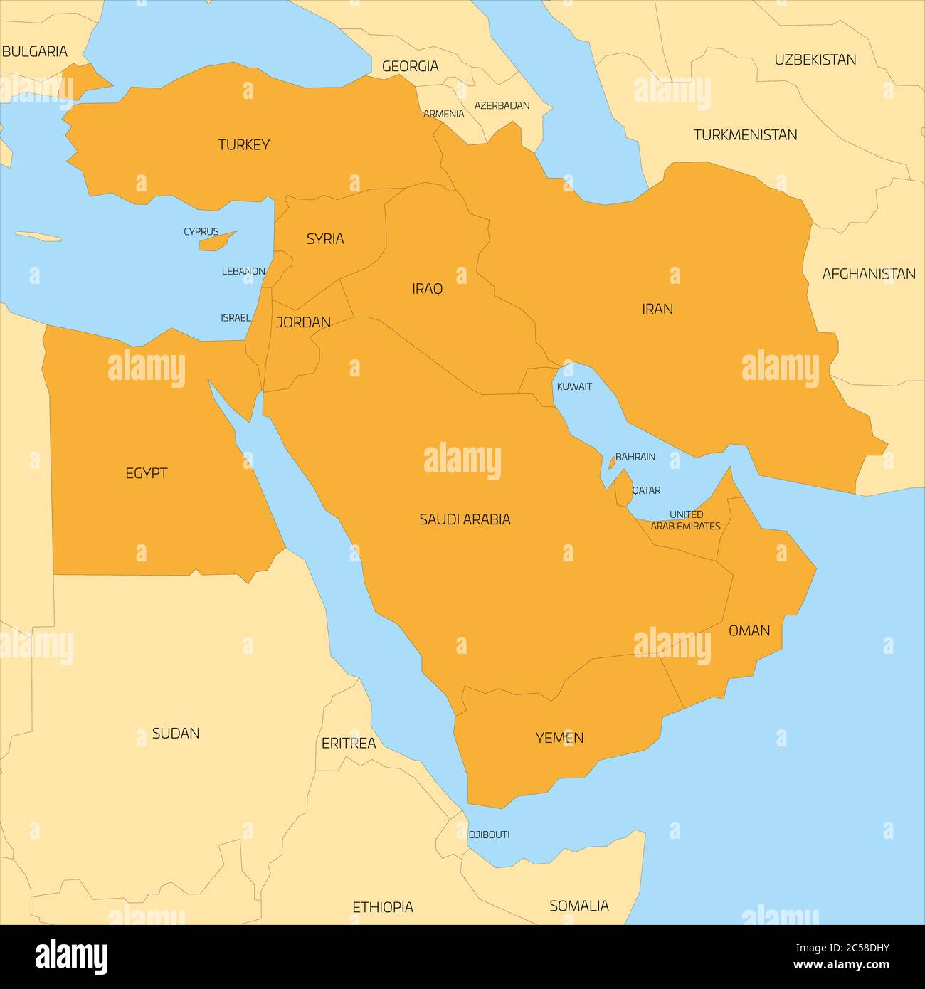 Karte der transkontinentalen Region Naher Osten oder Naher Osten mit orange markierten Ländern Westasiens, der Türkei, Zypern und Ägypten. Flache Karte mit gelbem Land, dünnen schwarzen Grenzen und blauem Meer. Stock Vektor