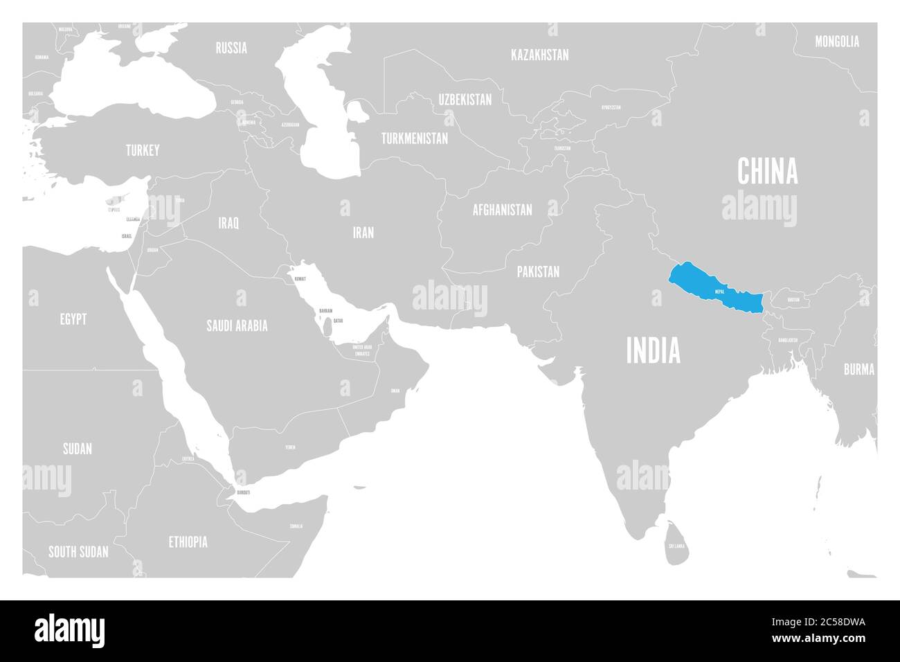 Nepal blau markiert in der politischen Karte von Südasien und dem Nahen Osten. Einfache flache Vektorkarte. Stock Vektor