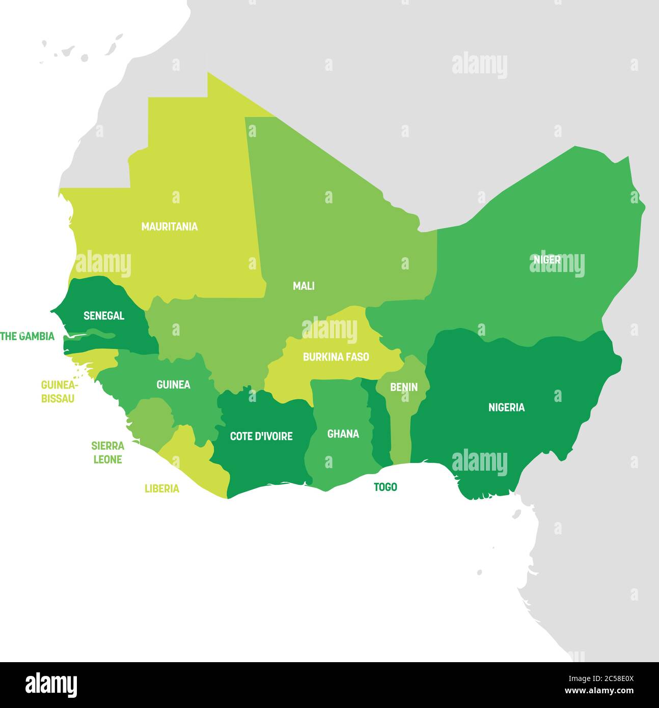 Westafrika. Karte der Länder Westafrikas. Vektorgrafik. Stock Vektor