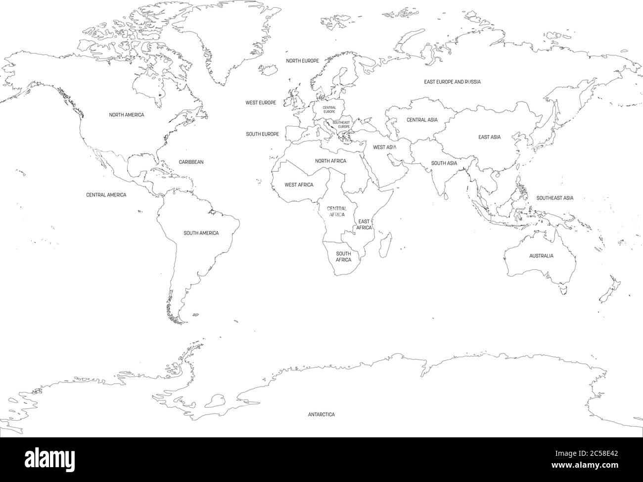 Karte der Welt in Regionen unterteilt. Dünne schwarze Umrisskarte. Einfache flache Vektorgrafik. Stock Vektor