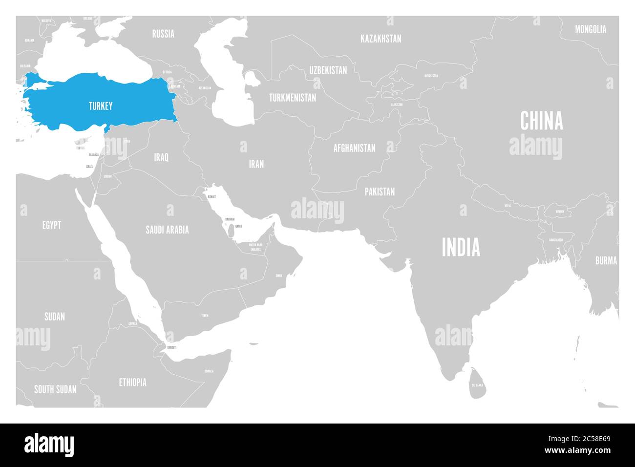 Türkei blau markiert in der politischen Karte von Südasien und dem Nahen Osten. Einfache flache Vektorkarte. Stock Vektor