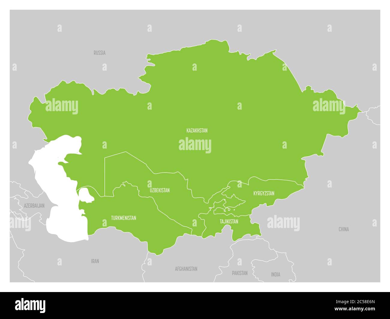 Karte der Region Zentralasien mit grün markierten Kasachstan, Kirgisistan, Tadschikistan, Turkmenistan und Usbekistan. Flache graue Karte mit weißen Landhausgrenzen. Stock Vektor