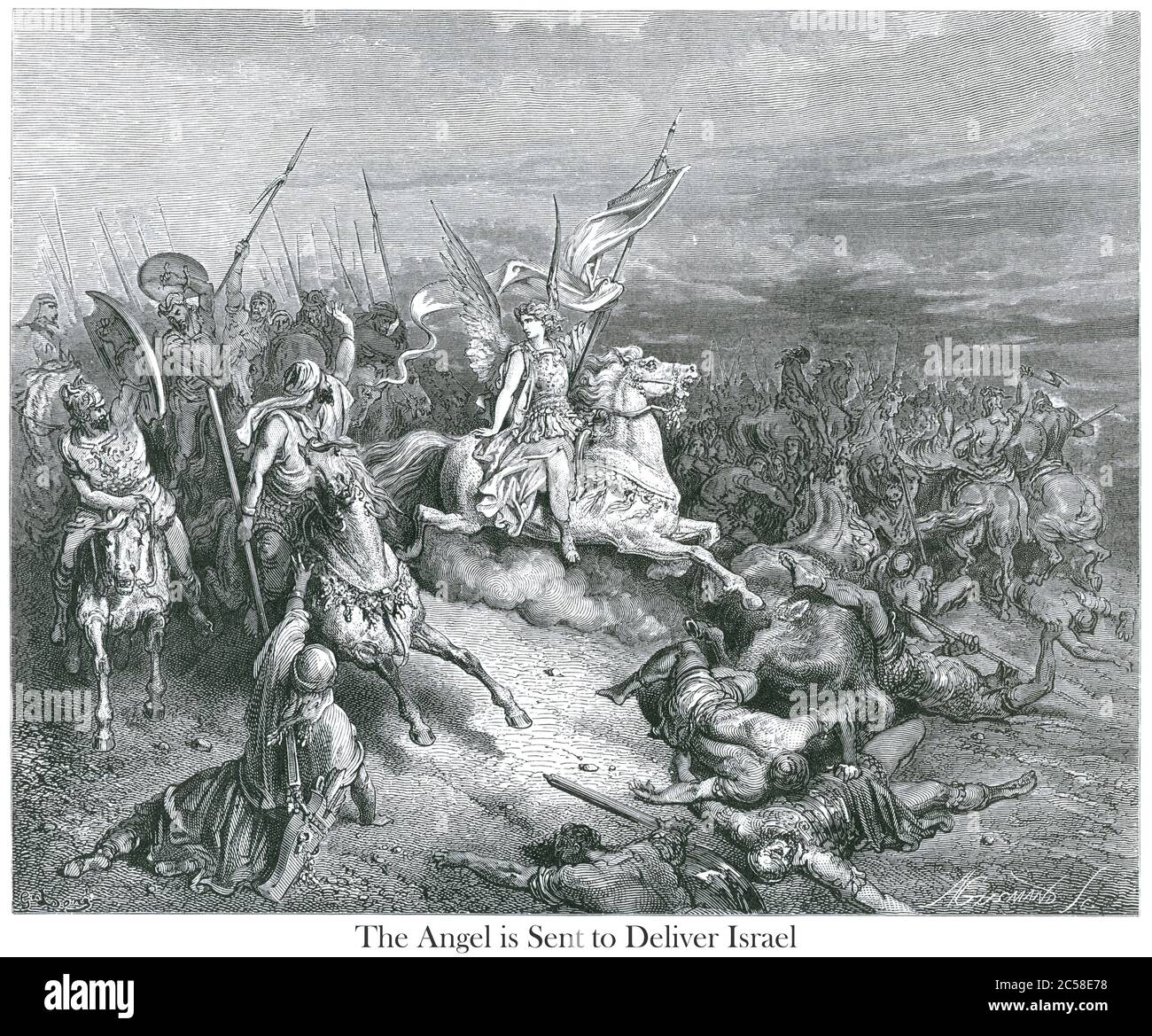 Der Engel ist gesandt, Israel zu liefern [II Makkabäer 11:8] aus dem Buch "Bible Gallery" illustriert von Gustave Dore mit Memoir of Dore und Beschreibenden Brief-Presse von Talbot W. Chambers D.D. Herausgegeben von Cassell & Company Limited in London und gleichzeitig von Mame in Tours, Frankreich im Jahr 1866 Stockfoto