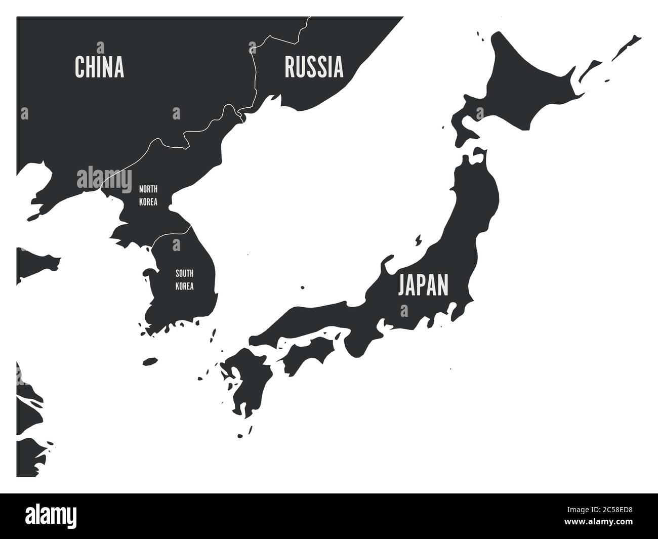 Politische Karte der koreanischen und japanischen Region, Südkorea, Nordkorea und Japan. Karte mit Beschriftung auf weißem Hintergrund. Vektorgrafik. Stock Vektor