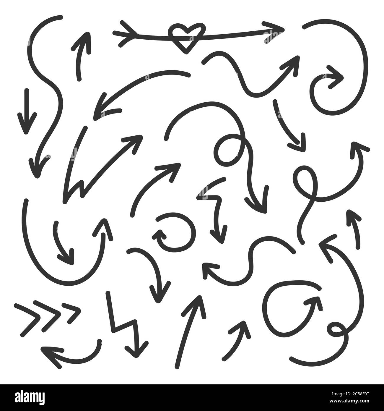 Pfeileinstellung isoliert auf weißem Hintergrund. Handgezeichnetes Design-Element mit Pfeil. Doodle schwarz Sammlung von Pfeilen. Vektorgrafik. Stock Vektor