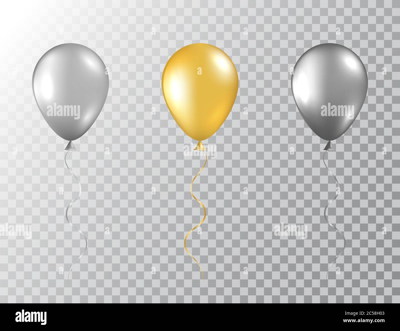 Helium Ballons auf transparentem Hintergrund isoliert gesetzt. Glänzende Folienballons in Gold, Silber und Schwarz. Ballon-Mockup zum Jahrestag, Geburtstag p Stock Vektor