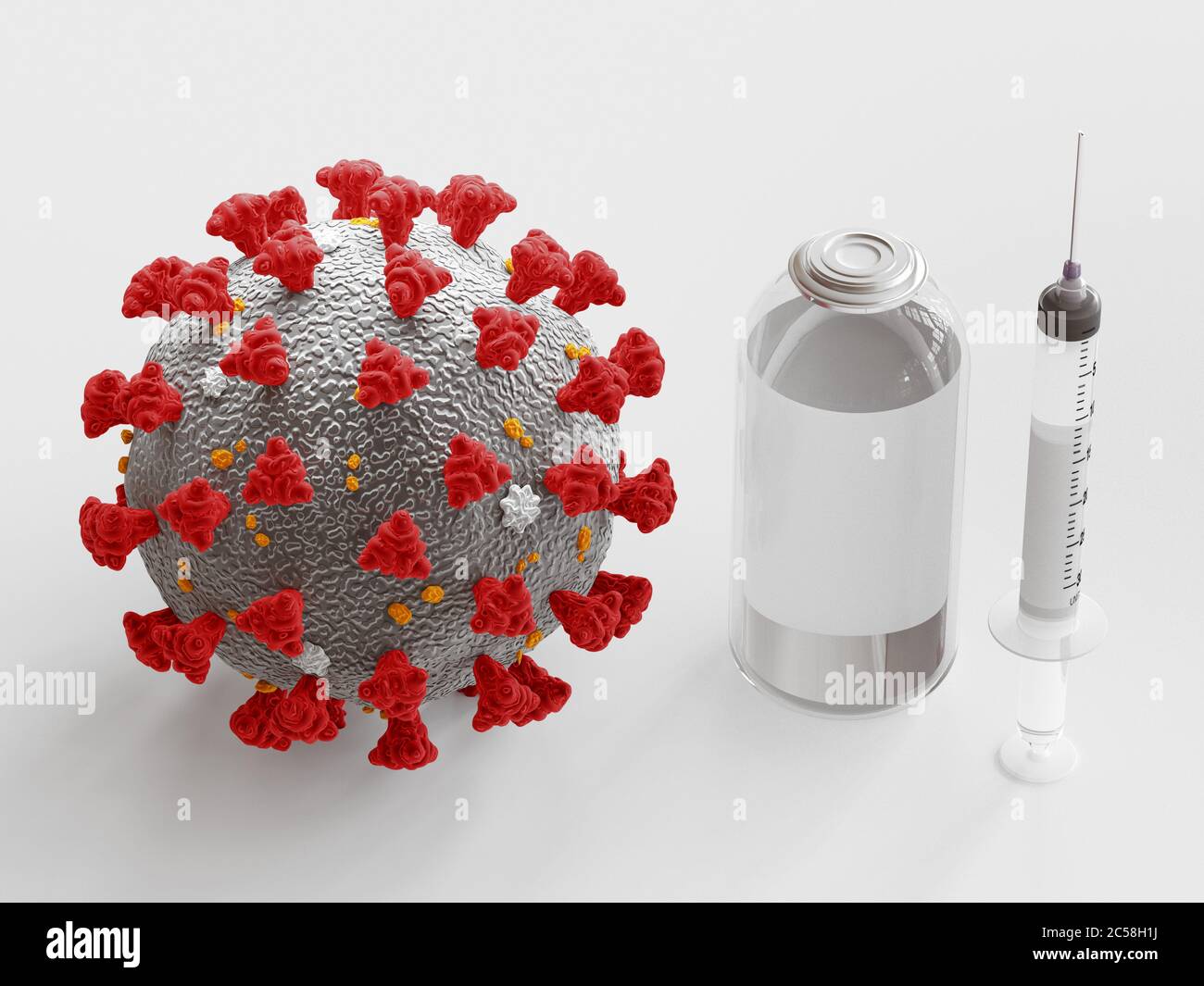 Impfstoff und Spritzenspritze. Es zur Prävention, Immunisierung und Behandlung von Corona-Virus-Infektion. 3d-Rendering Stockfoto