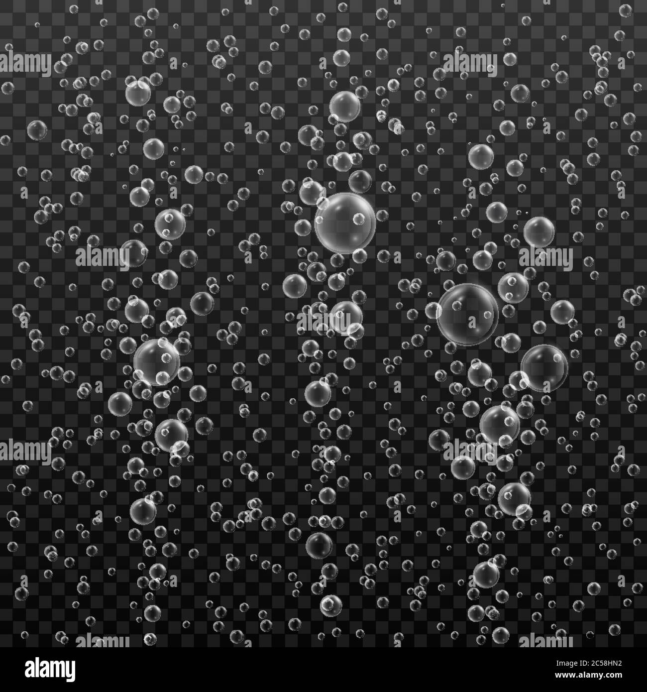 Unterwasserblasen auf transparentem Hintergrund. Realistische Luftblasen. Brausegetränk. Vektorgrafik. Stock Vektor