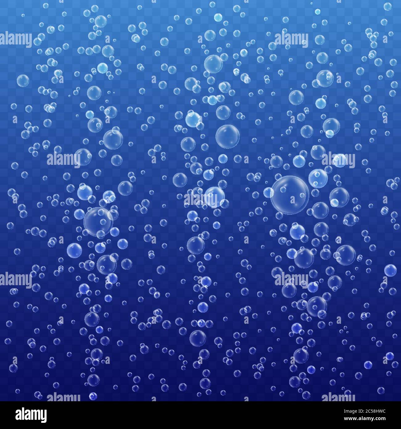 Unterwasserblasen auf blauem transparentem Hintergrund. Realistische Luftblasen. Brausegetränk. Vektorgrafik. Stock Vektor