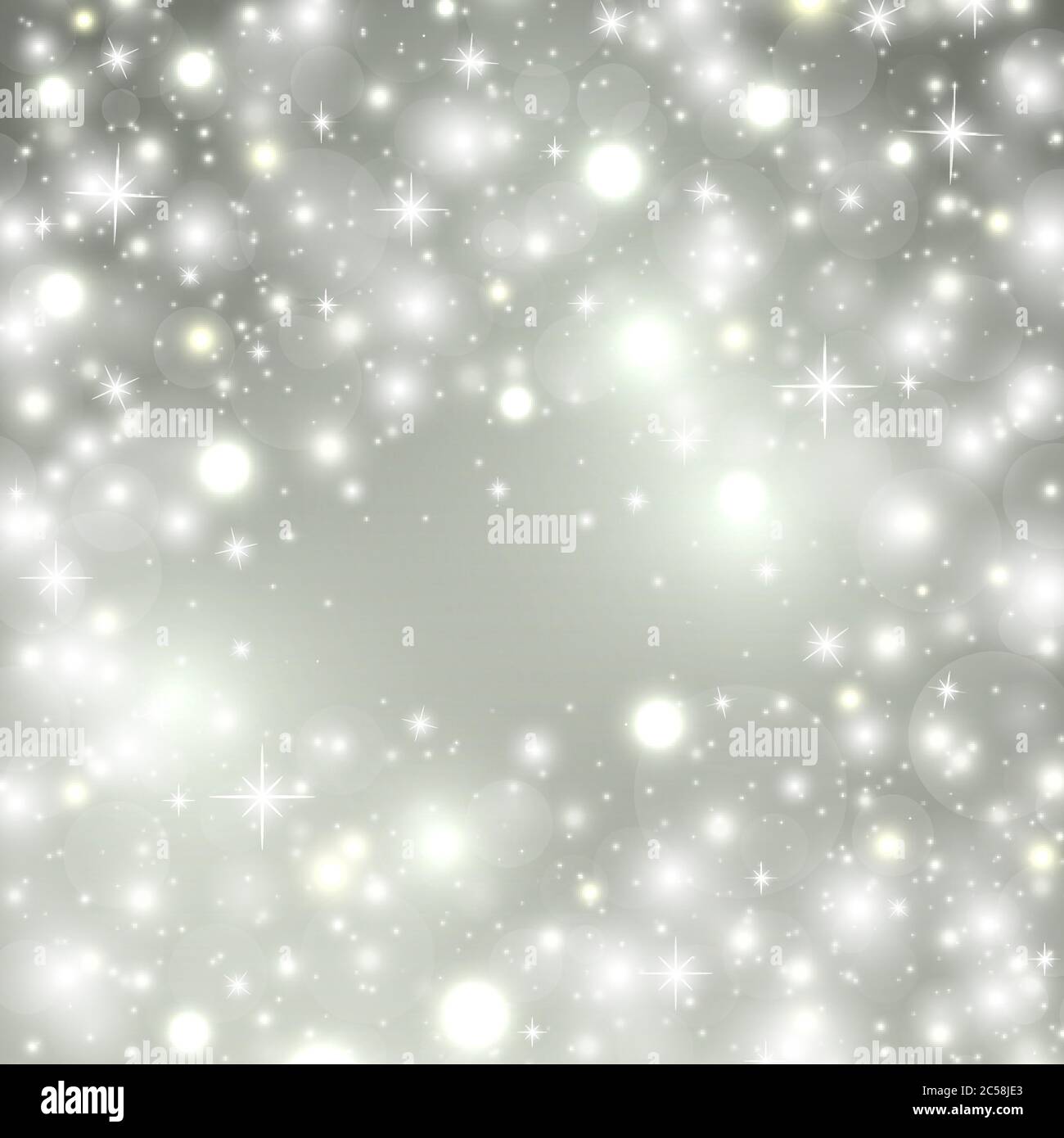 Silber Winter abstrakten Hintergrund. Glanz Hintergrund mit leuchtenden Sternen, Lichter, funkelt, Schneeflocken und Ort für Text. Weihnachtskonzept. Vektor Stock Vektor