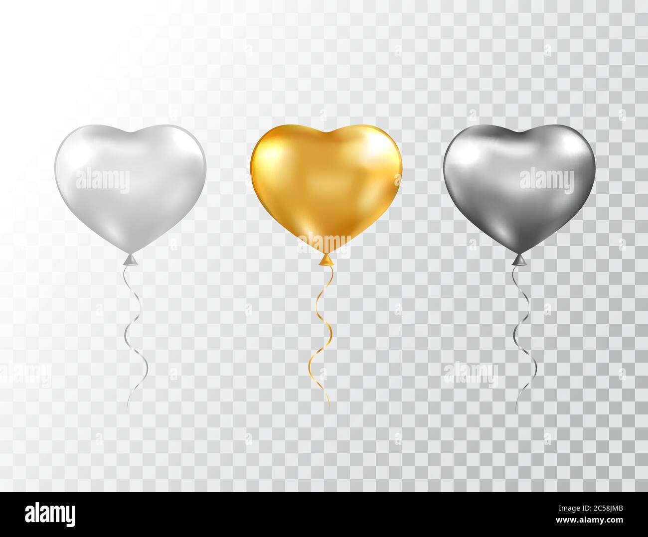 Helium Herz Ballons auf transparentem Hintergrund isoliert gesetzt. Festliche Ballons in Gold, Silber und Schwarz. Ballon zum Jahrestag. Vektor Stock Vektor