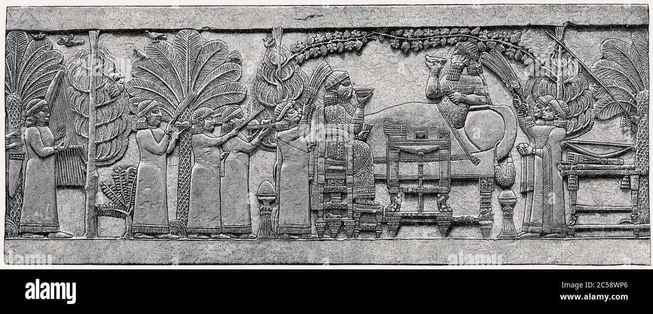 Ashurbanipal, Neo-Assyrischen König, und seine Königin Libbali-Sharrat Essen, Relief, c. 653 BCE Stockfoto