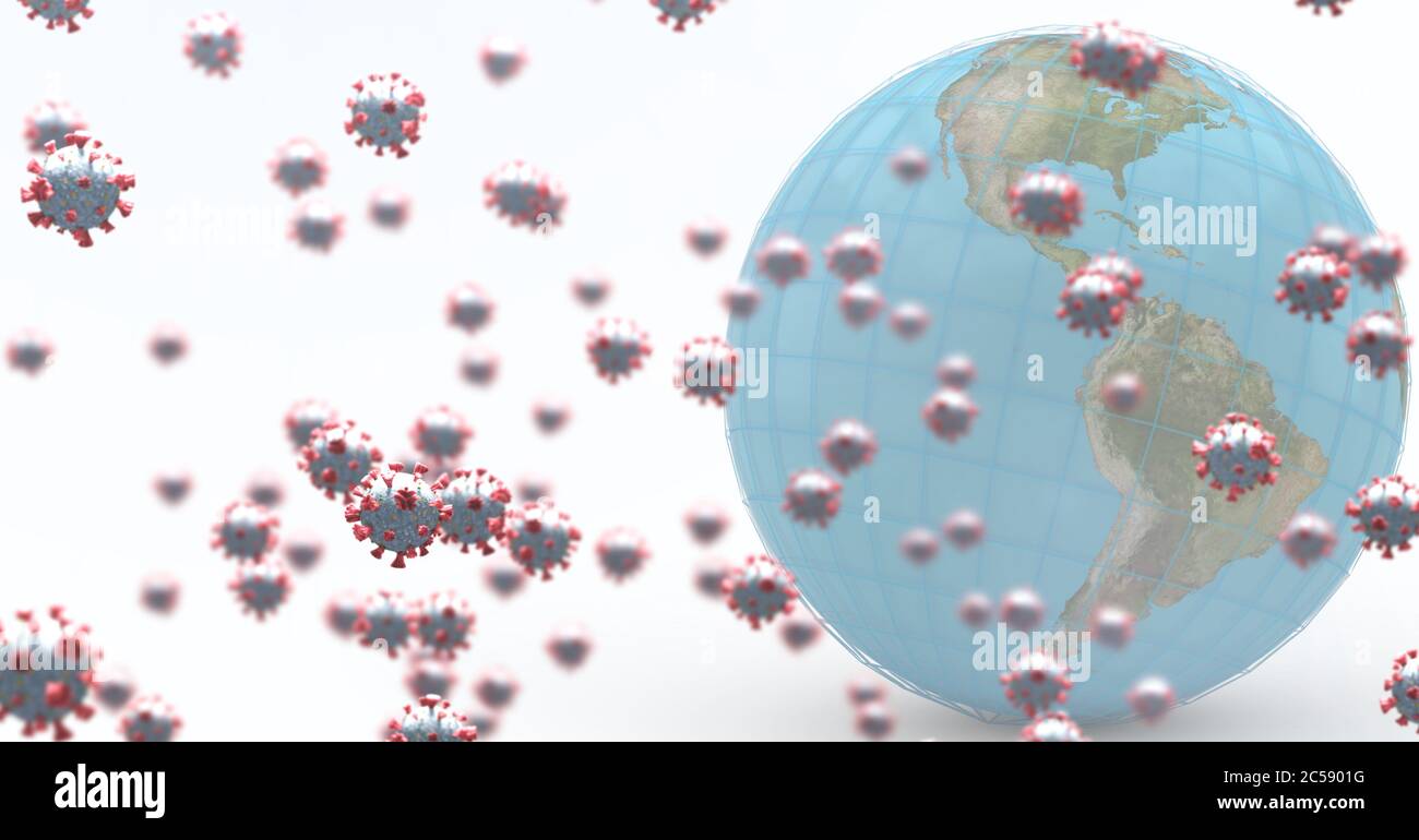 Covid-19 Zellen und Globus vor weißem Hintergrund Stockfoto