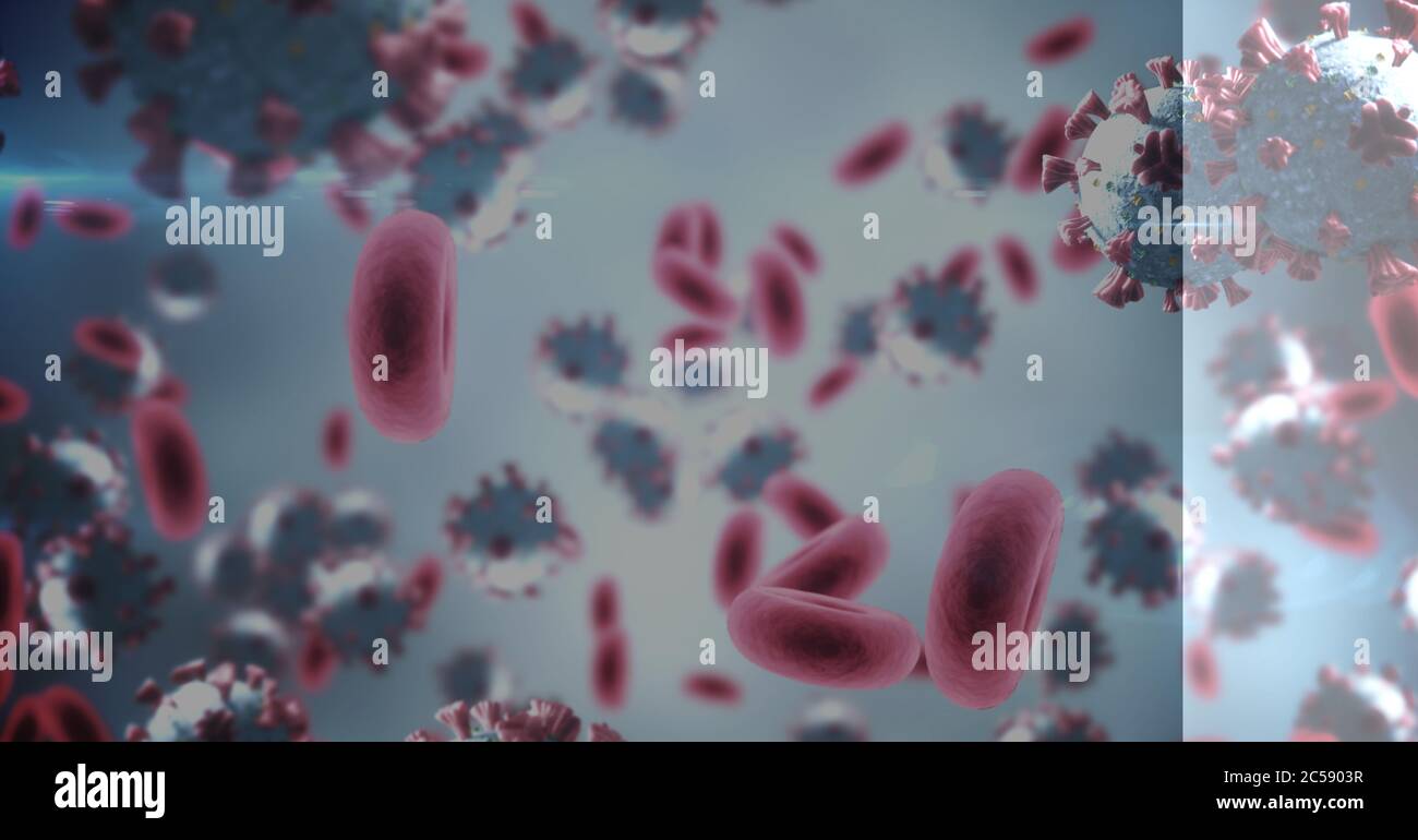 Covid-19 Zellen vor blauem Hintergrund Stockfoto