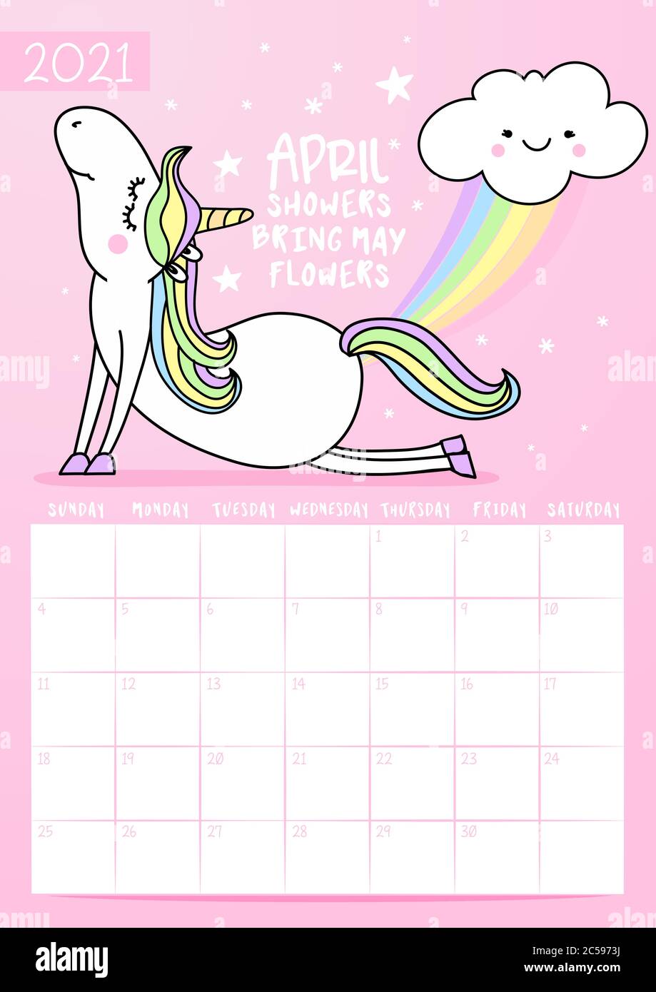2021 april Kalender mit Kalligrafie Phrase und Einhorn-Doodle: APRIL-DUSCHEN BRINGEN MAI BLUMEN. Tischkalender, Planner-Design, Woche beginnt am sonntag, Stock Vektor