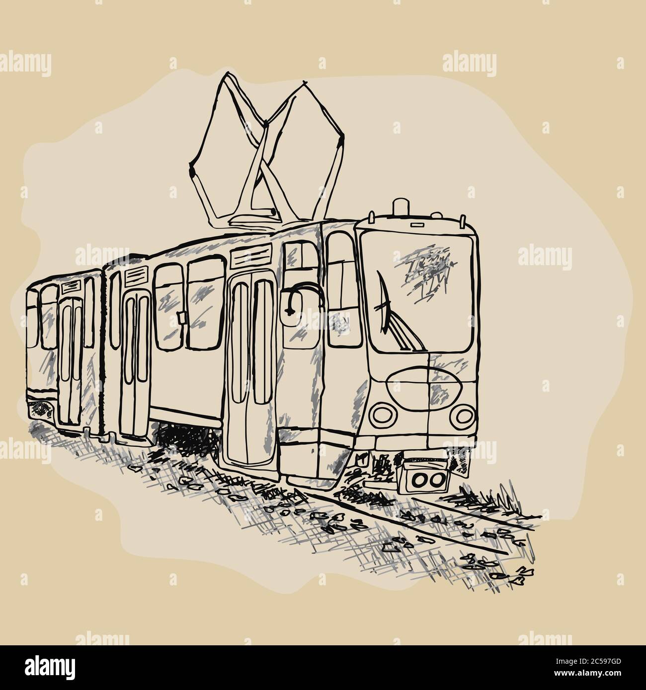 Tram isoliert auf weißem Hintergrund. Handgezeichnete Retro-Tram-Skizze. City Trolley. Passagiere, öffentliche Verkehrsmittel. Stadtobus. Stock-Vektor Stock Vektor