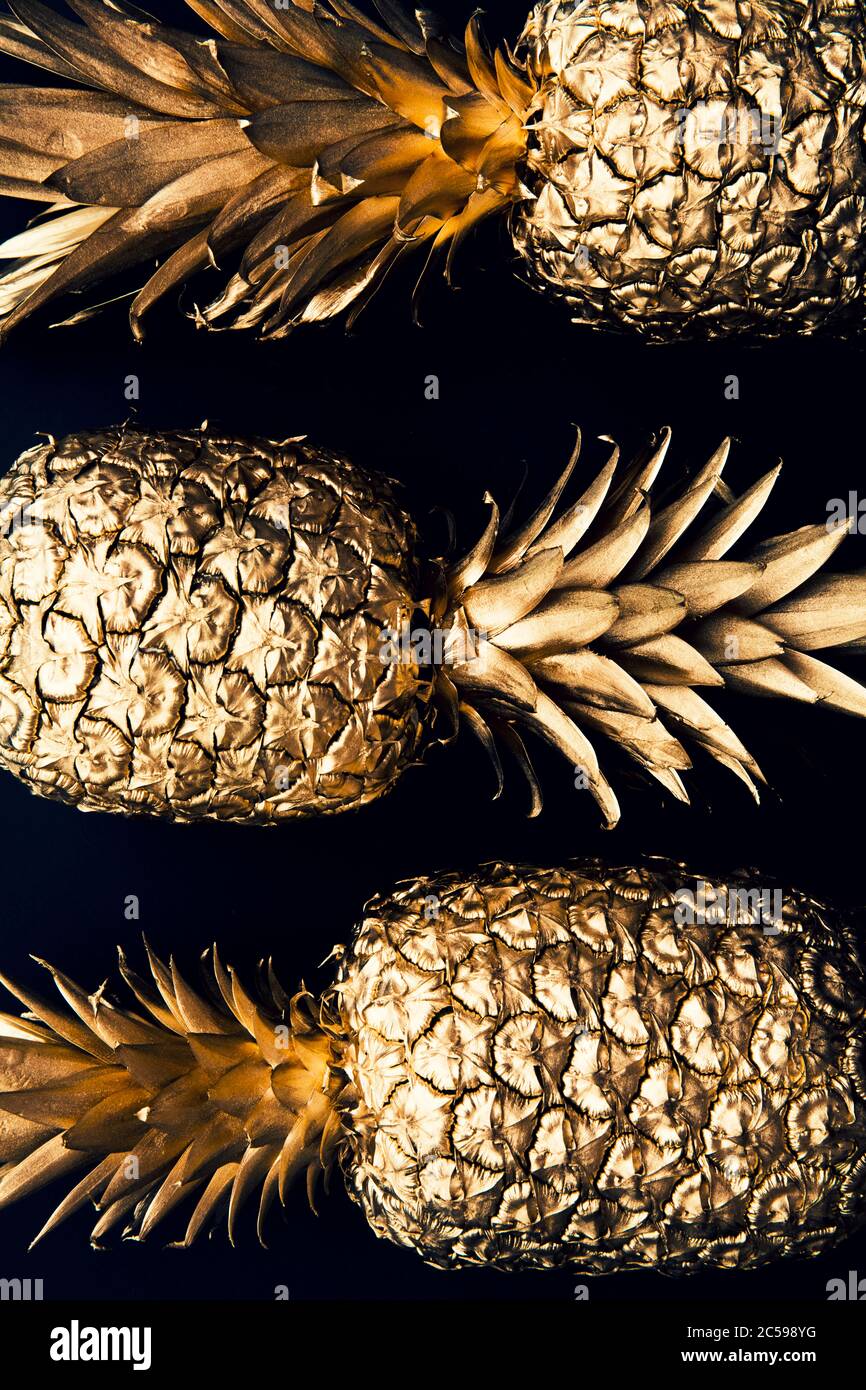 Flach legen tropische goldene Ananas auf dunklem Hintergrund Stockfoto