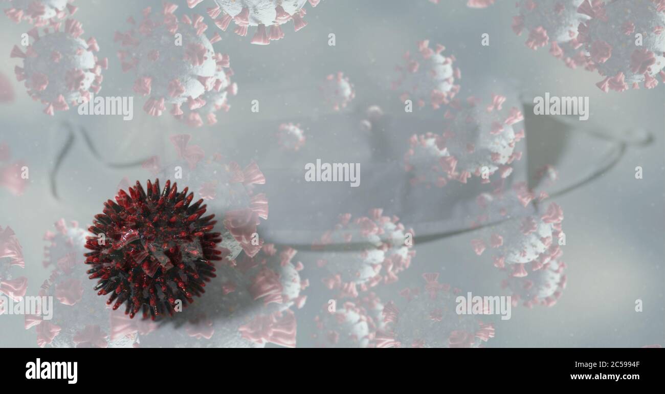 Covid-19 Zellen vor grauem Hintergrund Stockfoto