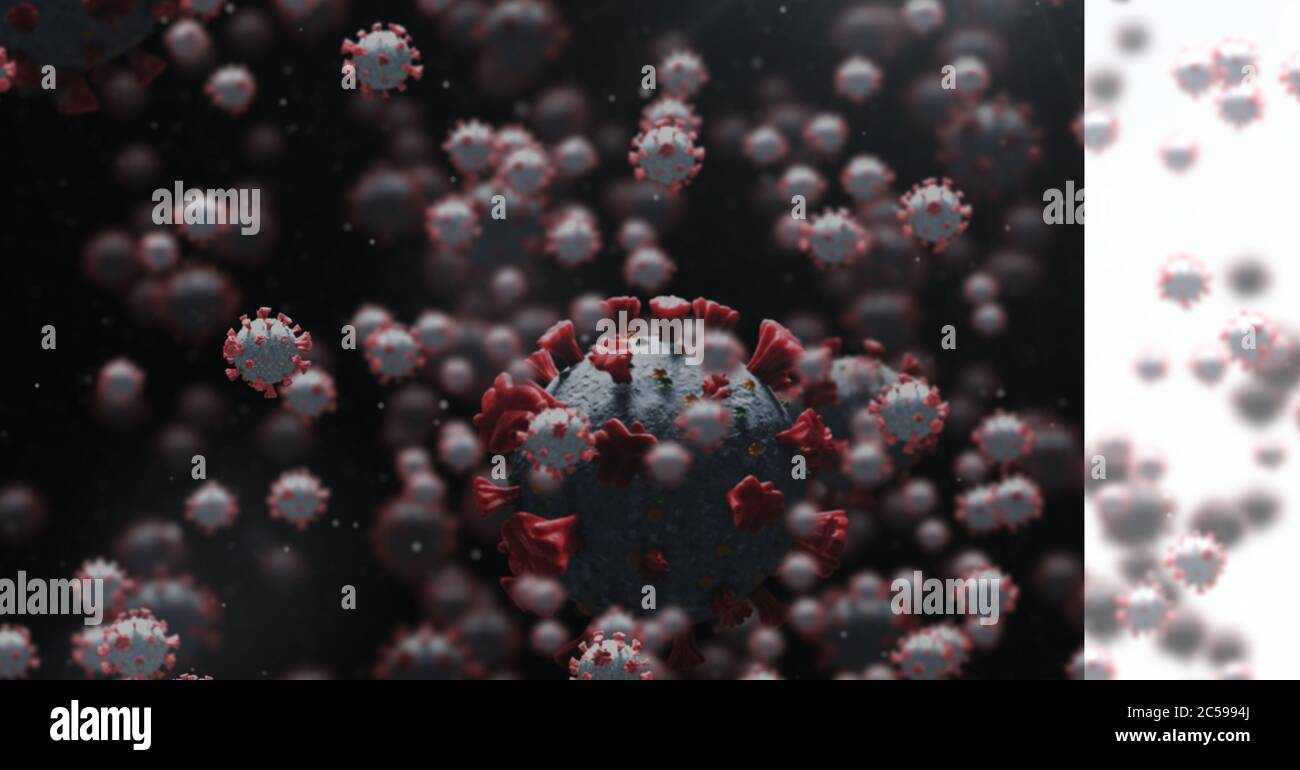 Covid-19 Zellen vor schwarzem und weißem Hintergrund Stockfoto