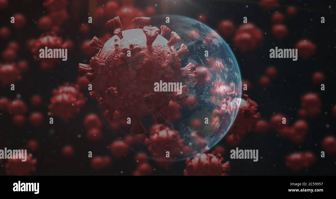 Covid-19 Zellen und Globus vor schwarzem Hintergrund Stockfoto