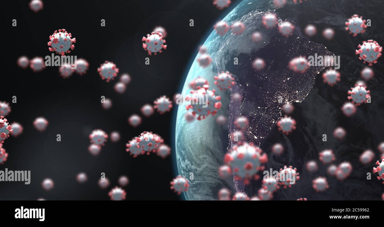 Covid-19 Zellen und Globus vor schwarzem Hintergrund Stockfoto
