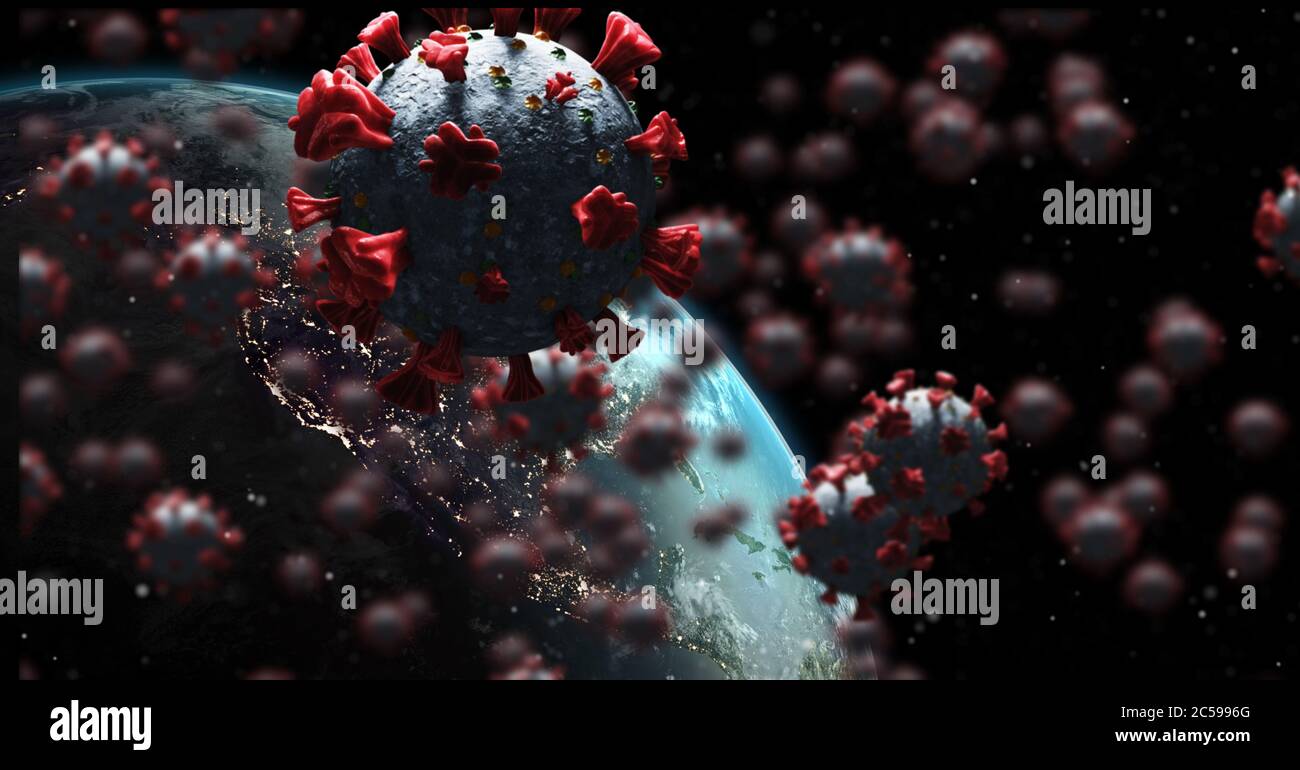 Covid-19 Zellen und Globus vor schwarzem Hintergrund Stockfoto
