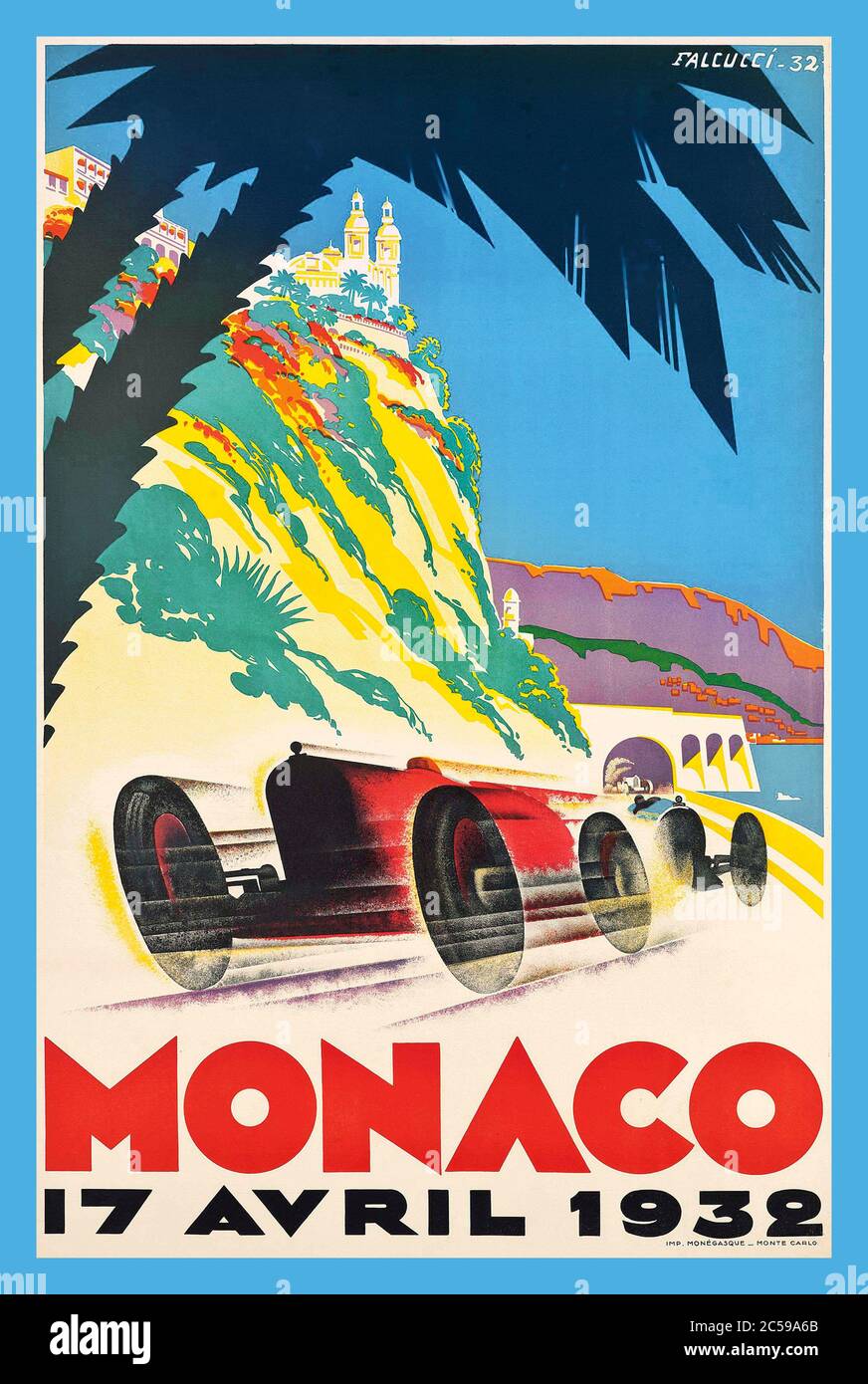 Monaco Vintage 1932 Motorrennen Poster Grand Prix der Monaco Grand Prix 1932 war ein Grand Prix Motorrennen, das am 17. April 1932 auf dem Circuit de Monaco stattfand. Tazio Nuvolari, der für das Alfa Romeo Team fuhr, gewann das Rennen um nur 2.8 Sekunden vor dem Privatfahrer Alfa von Rudolf Caracciola, Stockfoto