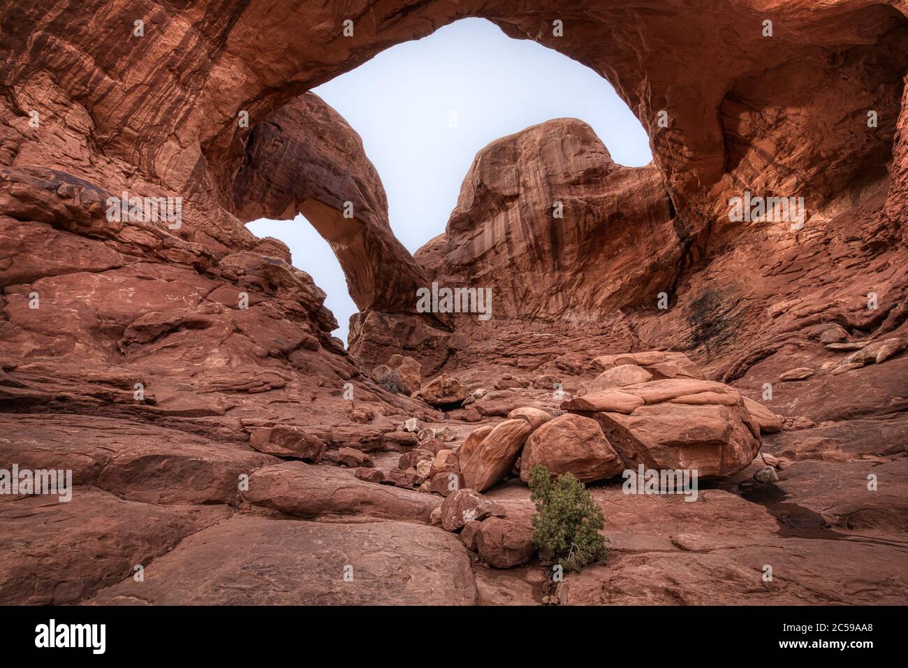 Herrliche Aussicht auf die massive Sandsteinformation Double Arch, Arches National Park, Moab, Utah Stockfoto