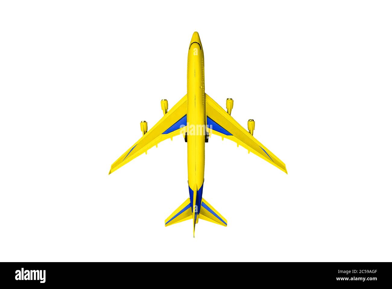Gelbes Passagierflugzeug isoliert auf weißem Hintergrund. Draufsicht, flache Anordnung. Stockfoto