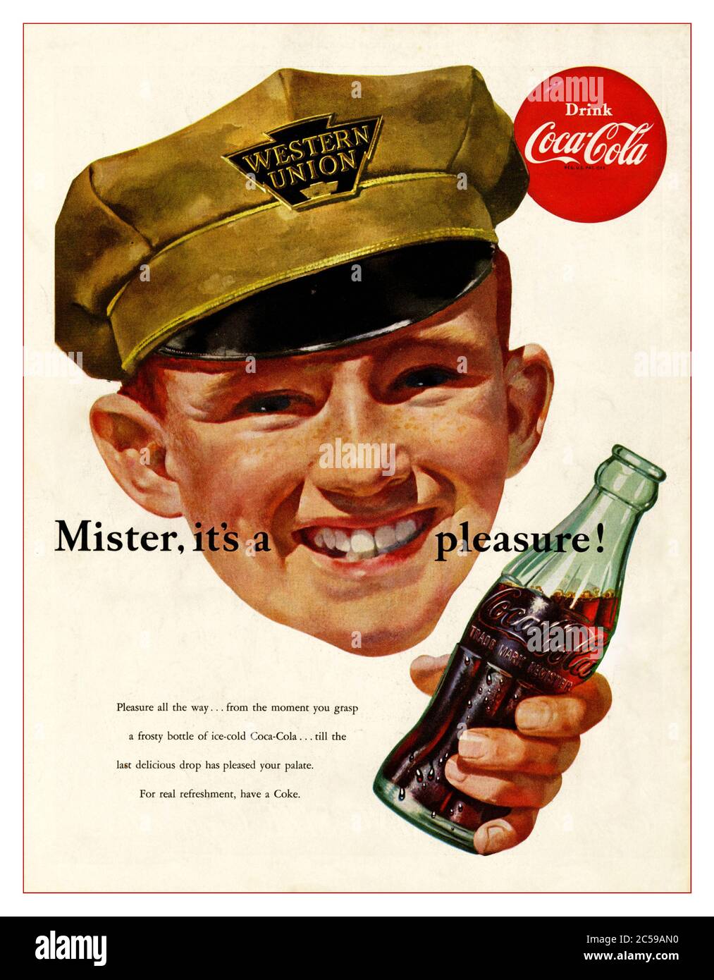1952 Coca-Cola Getränke Werbung mit einer lächelnden Mütze trägt Western Union Delivery man mit offener Flasche Coca Cola 'Meister ist ein Vergnügen' Stockfoto